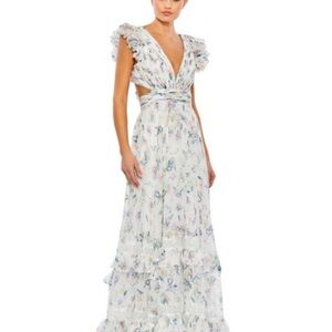 Mac Duggal 68077 Ruffled Sleeveless Deep V-neck Long Floral Chiffon Dress Sz 10